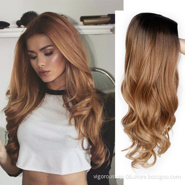 Vigorous Synthetic Long Wavy Dark Root Ombre Brown Cosplay Wigs for Black White Women Colorful Fiber Hair Wigs High Temperature